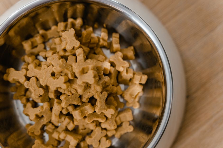 A close-up view of dog bone-shaped biscuits in a stainless steel bowl on a wooden surface.